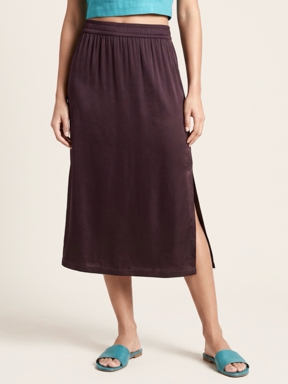 Enza Costa Silk Satin Slip Skirt Sz L Brown Knee Length Boho Feminine